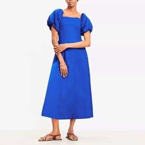 LOFT Royal Blue Puff Sleeve Midi Dress with Pockets Size 4P